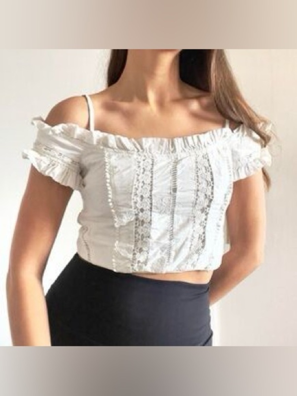 Anthropologie | White Lace Panel Off-Shoulder Crop Top